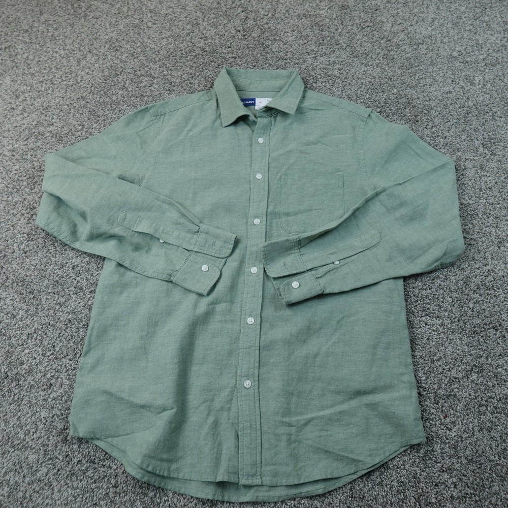 Old Navy Shirt Mens M Green Linen Blend Chambray Button Up Long Sleeve Casual